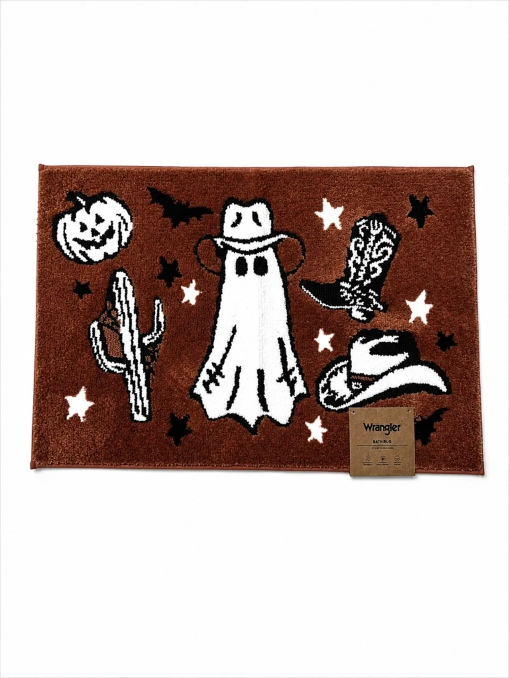 Wrangler Western Halloween Bath Rug 20x32 Cowboy Ghost Pumpkin Brown Washable